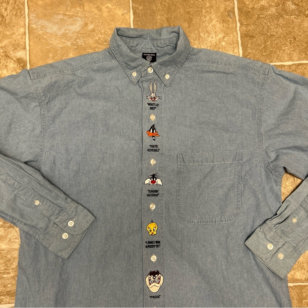 VTG Warner Bros Studio Store Looney Tunes Denim Shirt Med Bugs Bunny Tweety Taz